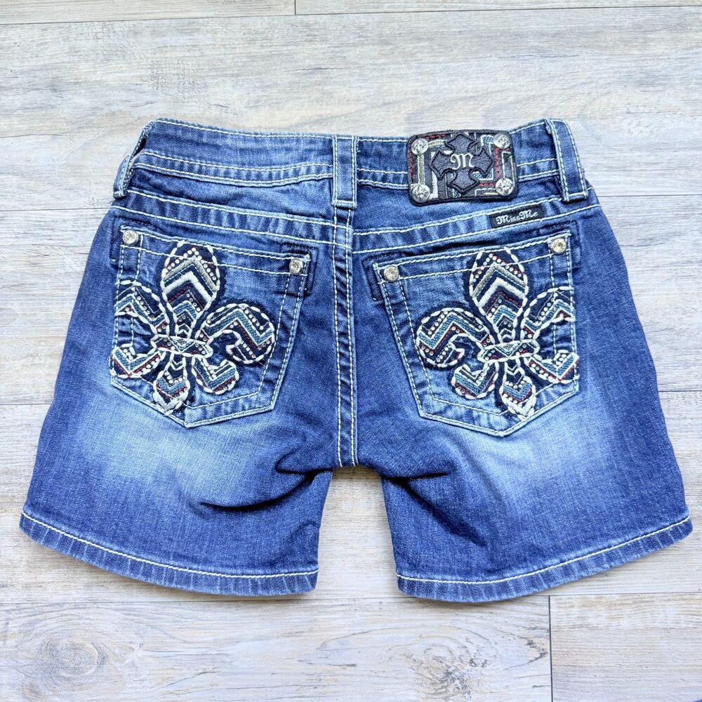 Miss Me Y2K Shorts Signature Mid Fleur De Lis Embellished Denim Shorts Size 25